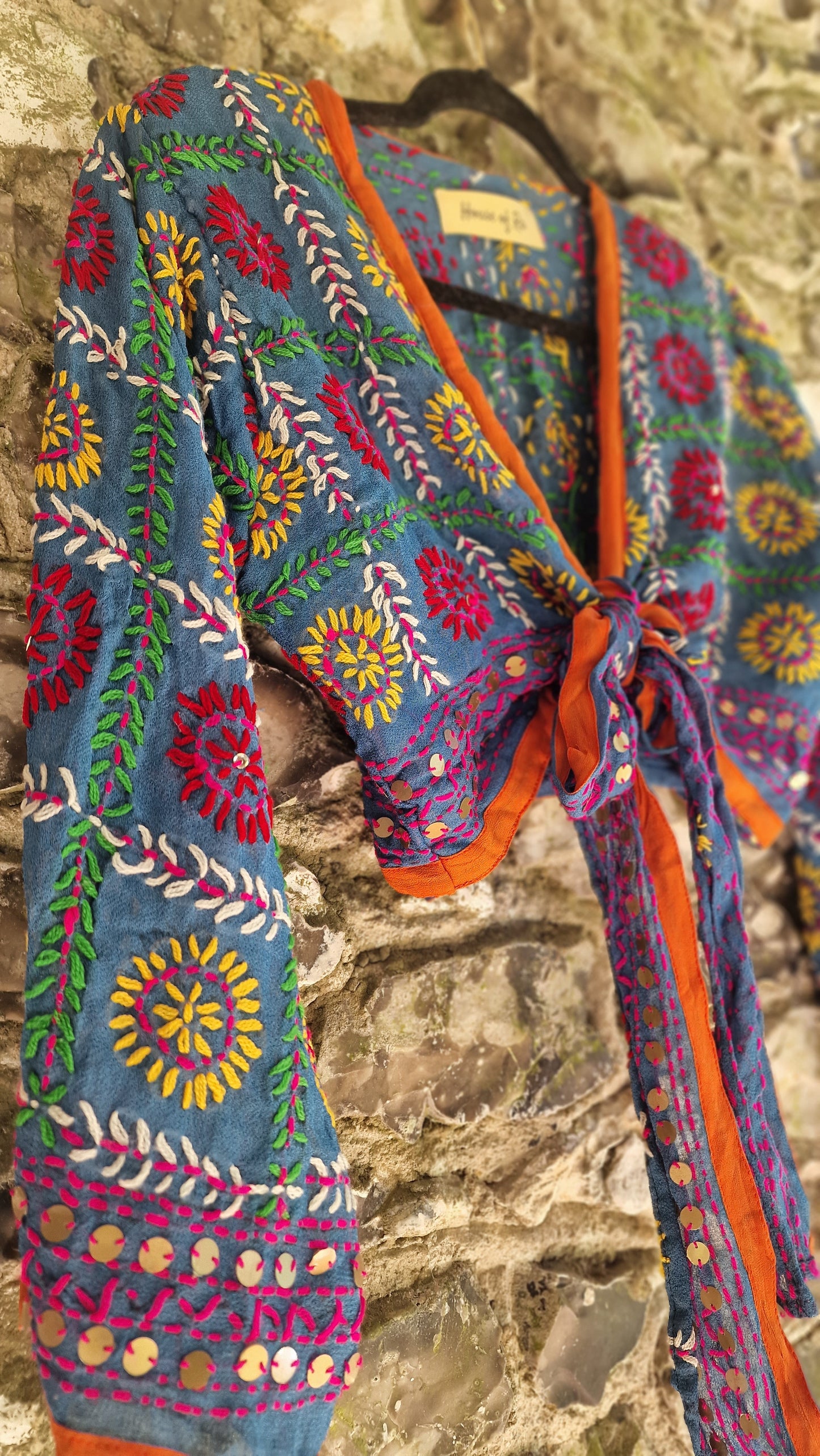 Embroidered Wrap Top - Blue/Orange