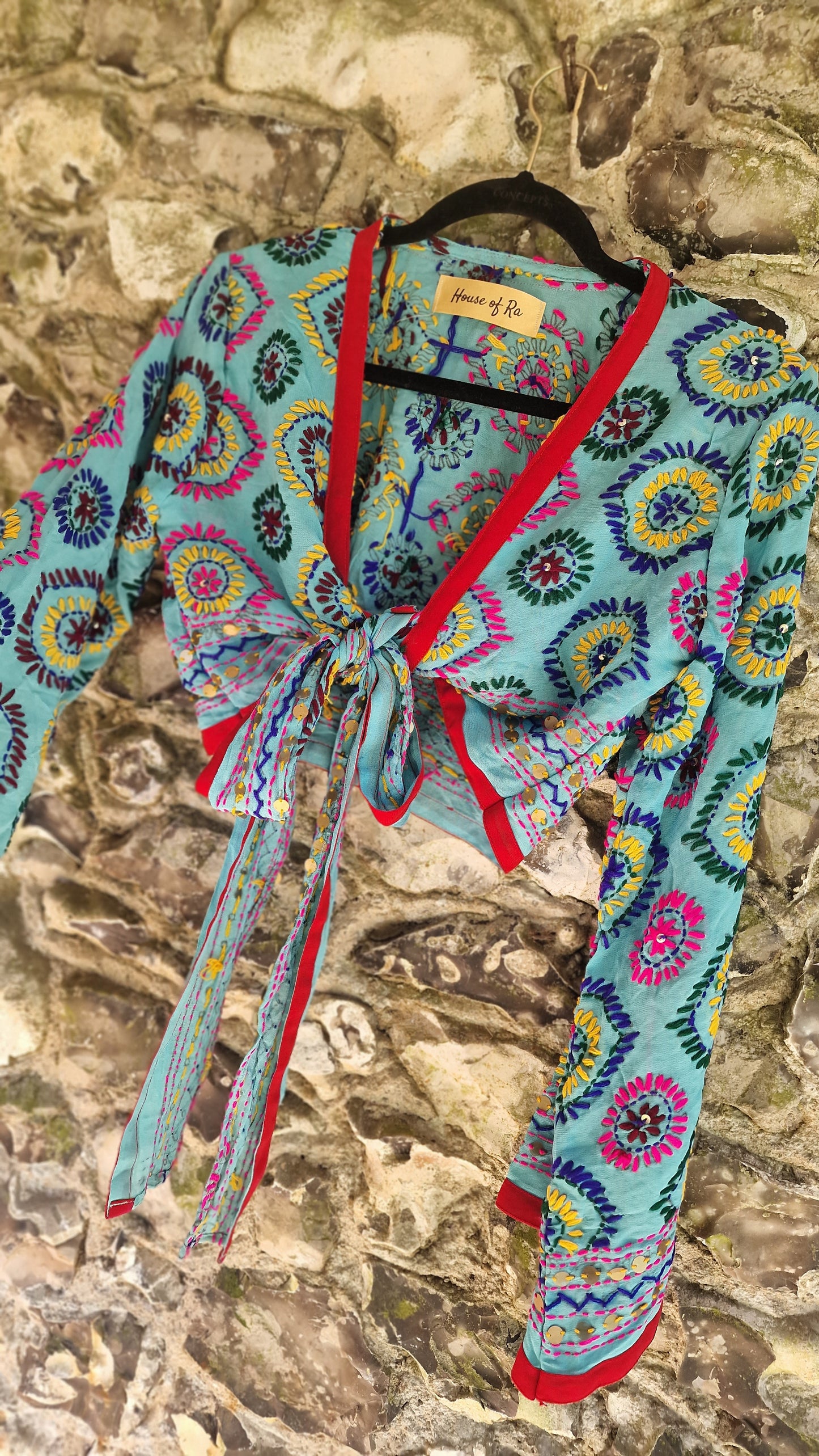 Embroidered Wrap Top - Sky Blue/Red