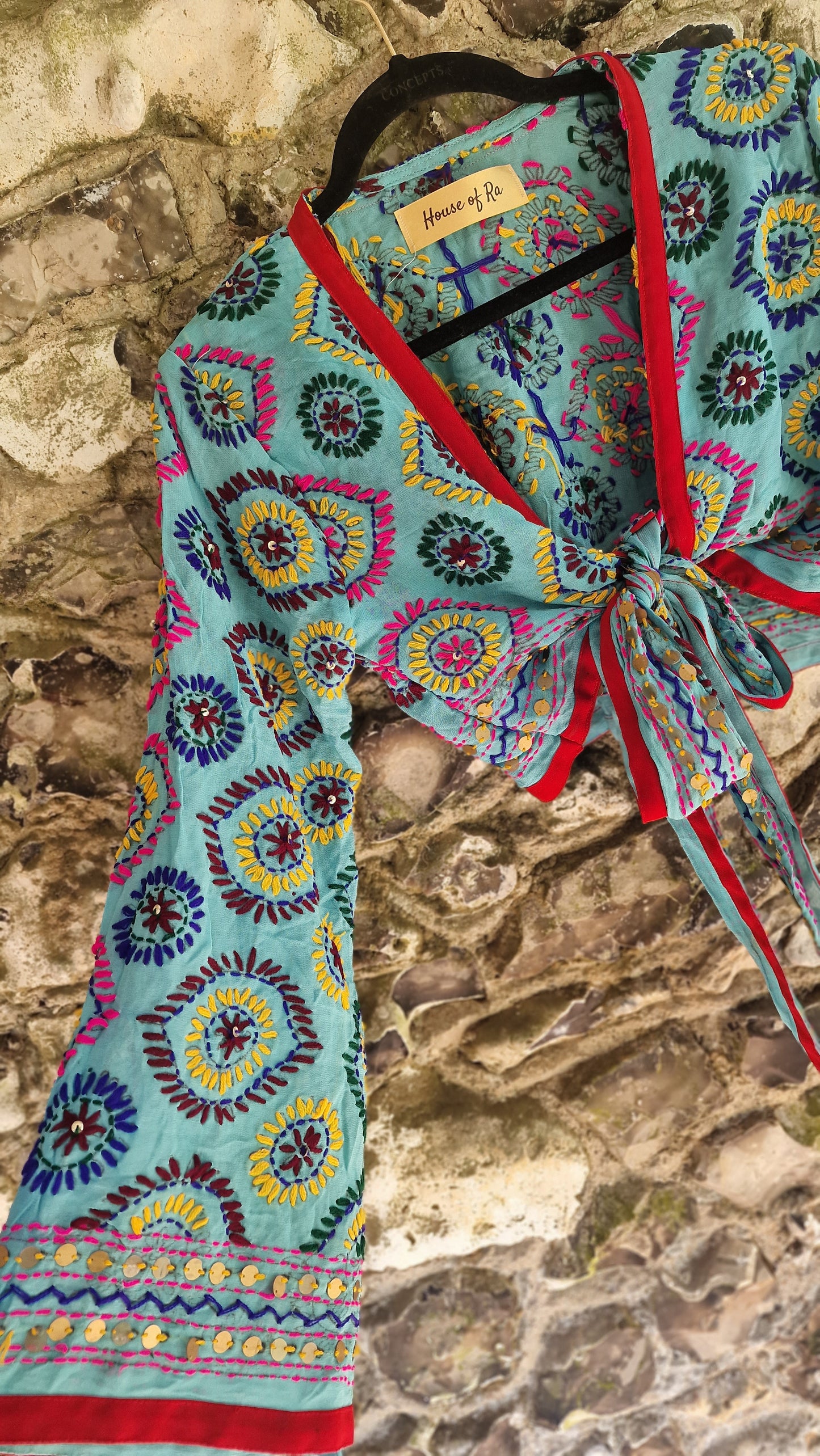 Embroidered Wrap Top - Sky Blue/Red