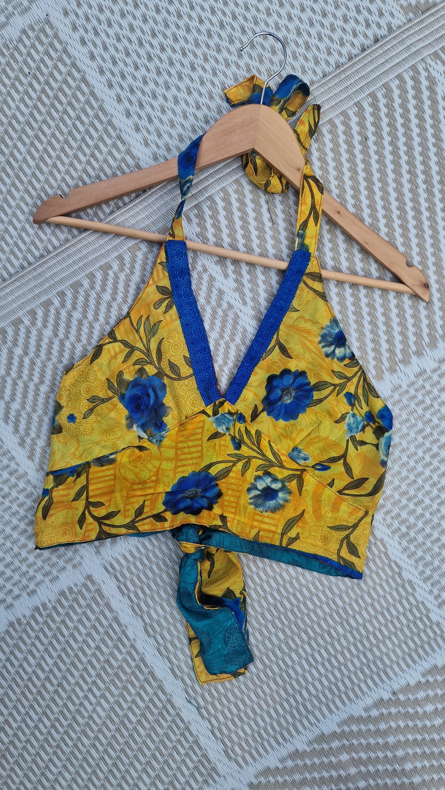 Reversible Sari wrap Top Blue Floral/Yellow Floral