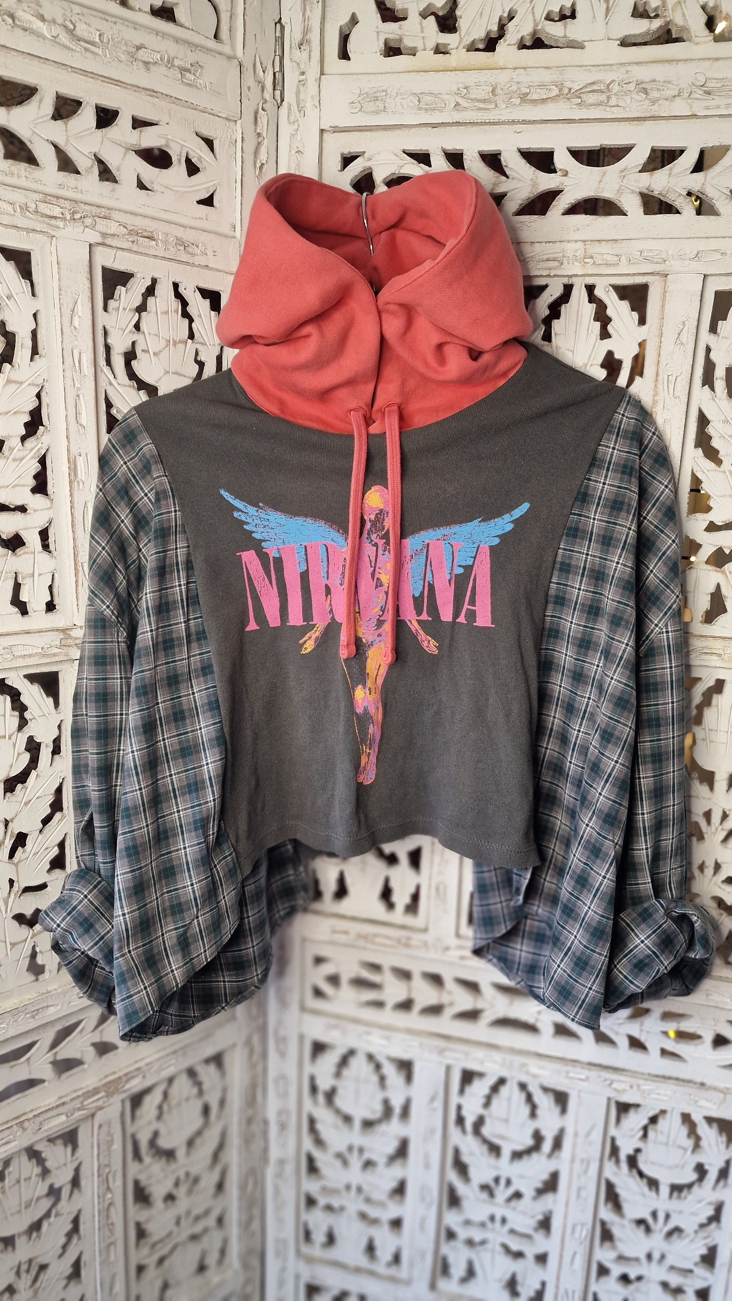 'Nirvana' Upcycled cropped Hooded Shirt-Tee