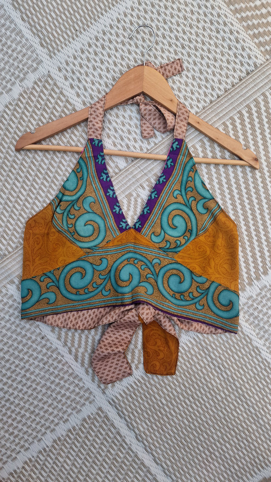 Reversible Sari wrap Top Mustard/beige-pink