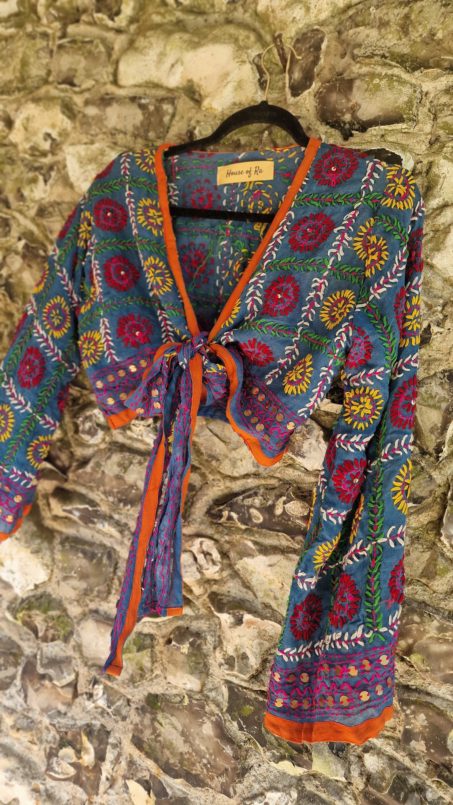 Embroidered Wrap Top - Blue/Orange