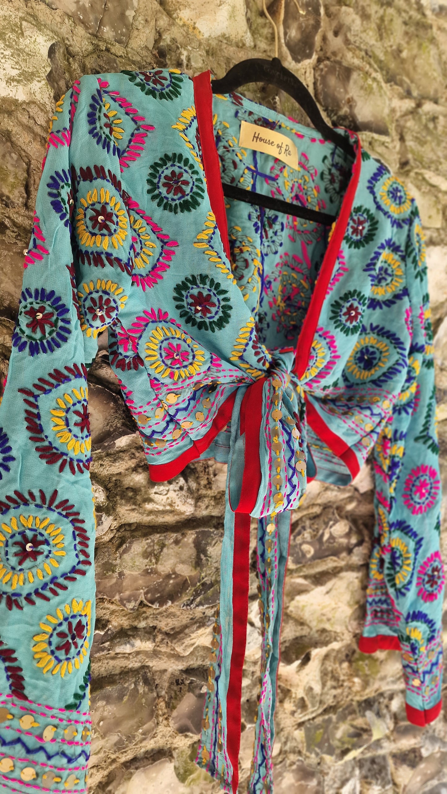 Embroidered Wrap Top - Sky Blue/Red