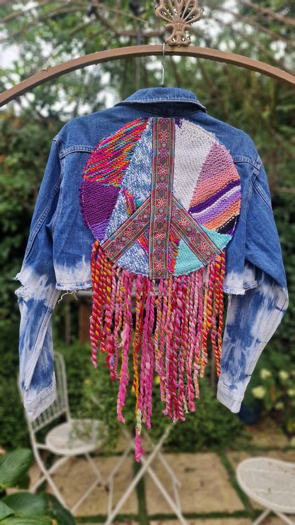 Tie Dye 'Peace' Tasselled Reworked Denim Jacket