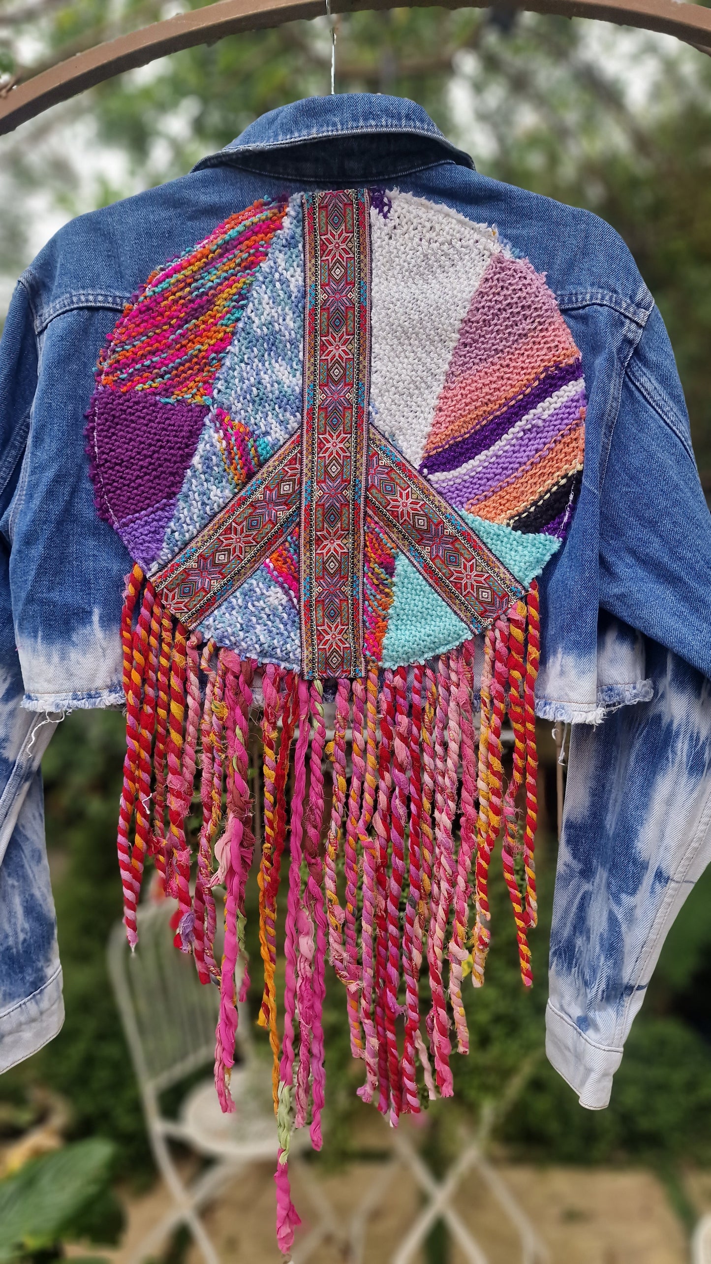 Tie Dye 'Peace' Tasselled Reworked Denim Jacket