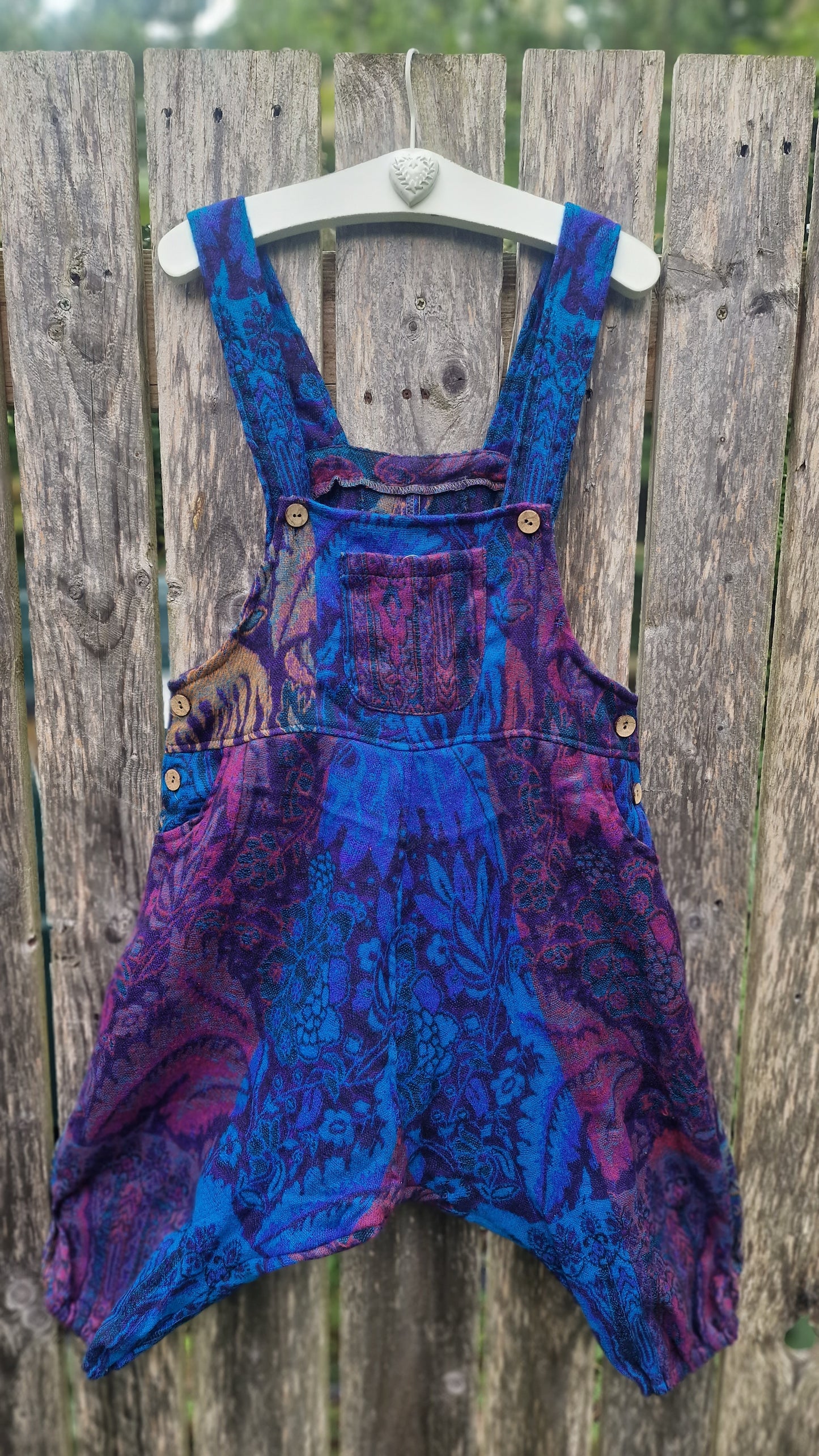 Patchwork dungarees in purple/blue