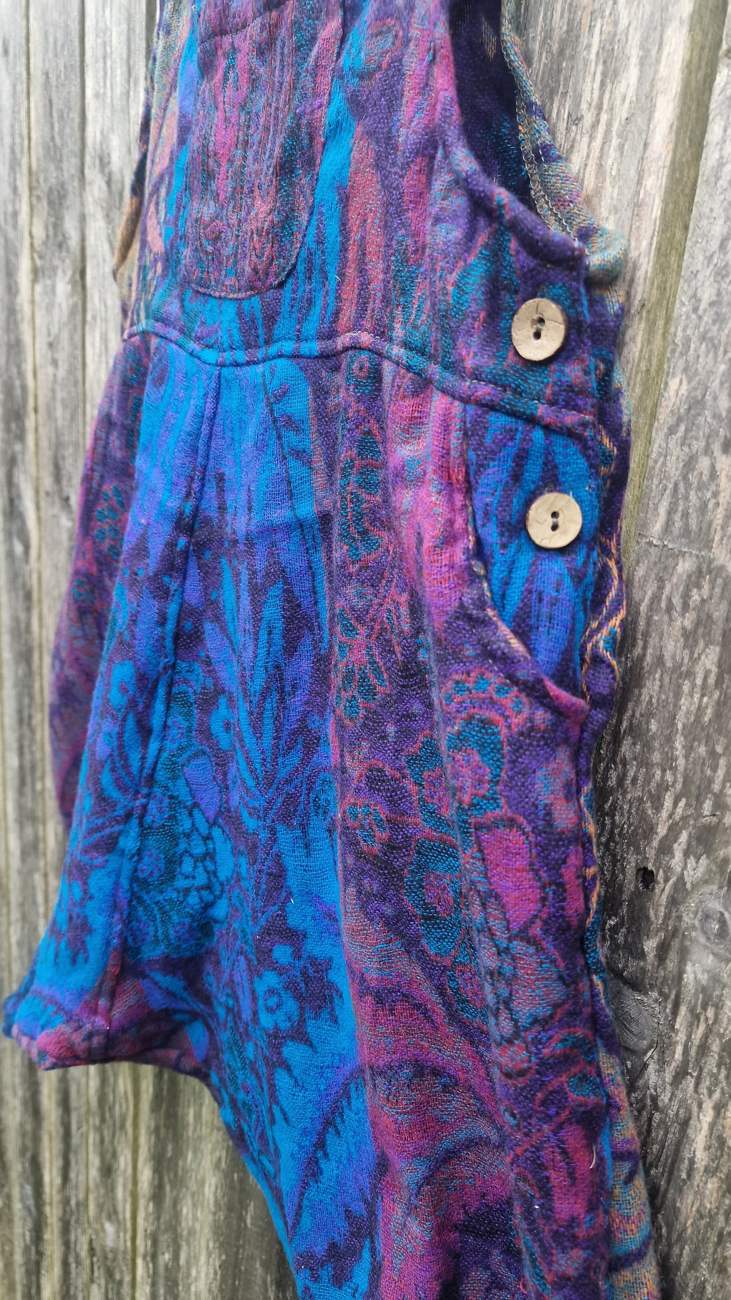 Patchwork dungarees in purple/blue