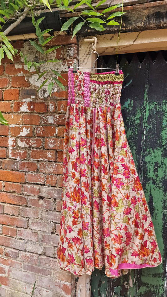Pink/Orange/Green Leaves Recycled Sari palazzo trousers