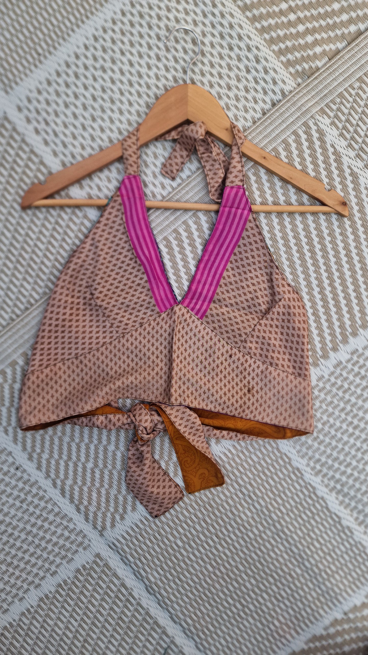 Reversible Sari wrap Top Mustard/beige-pink