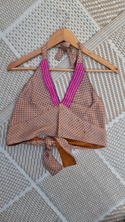 Reversible Sari wrap Top Mustard/beige-pink