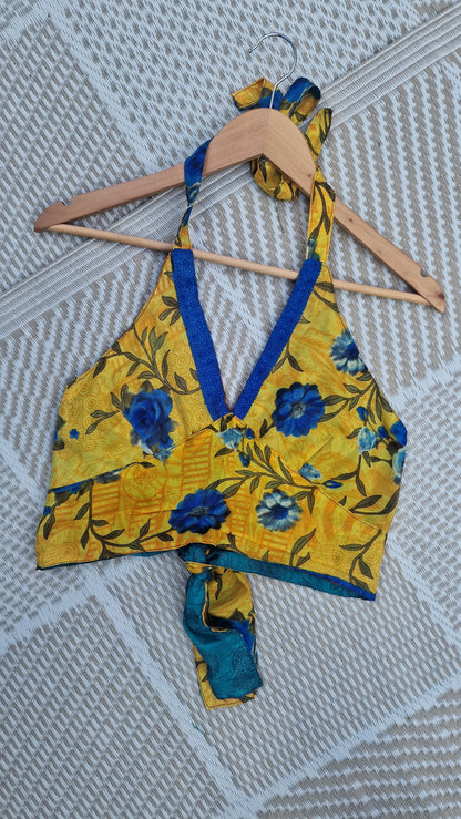 Reversible Sari wrap Top Blue Floral/Yellow Floral
