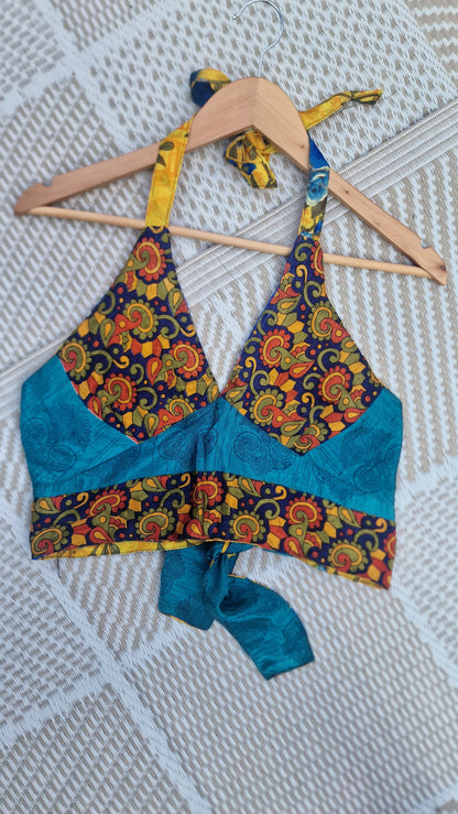 Reversible Sari wrap Top Blue Floral/Yellow Floral