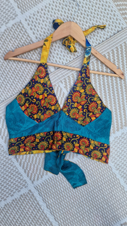Reversible Sari wrap Top Blue Floral/Yellow Floral