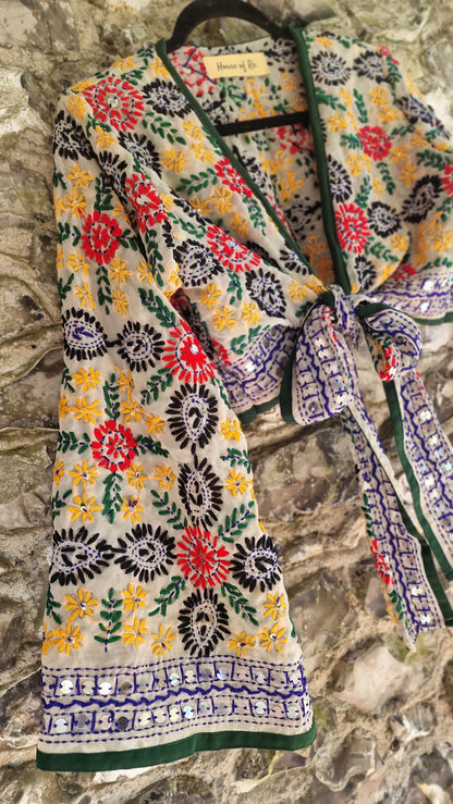 Embroidered Wrap Top - White/Blue