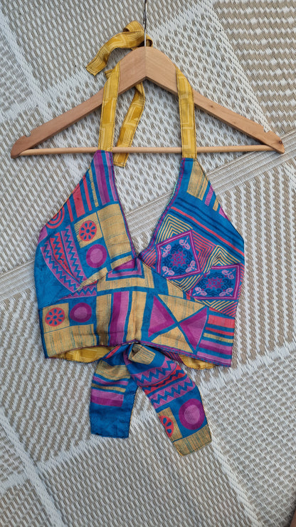 Reversible Sari wrap Top Blue/Yellow