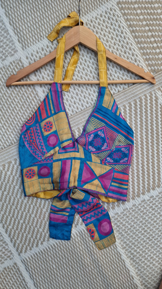 Reversible Sari wrap Top Blue/Yellow