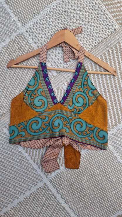 Reversible Sari wrap Top Mustard/beige-pink